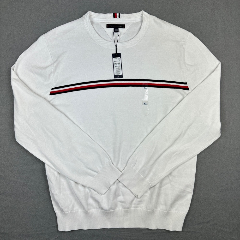 Tommy Hilfiger Mens XL White Cotton Crewneck Sweater Signature Chest Stripe NWT